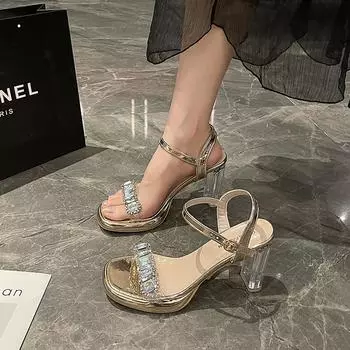 Высокие каблуки, толстые каблуки, босоножки с открытым носком для женщин. Летняя новая водонепроницаемая платформа на толстой подошве, однолинейные модели сандалий 35