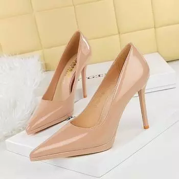 Высокие каблуки, Тонкие каблуки, Очень высокие каблуки, Водонепроницаемая платформа, Лакированная кожа, Неглубокий вырез, Острый носок, Одиночные туфли для женщин 35 телесный