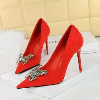 Высокие каблуки, Тонкие каблуки, Женская обувь, Замша, Неглубокий носок, Заостренный металл, Бабочка со стразами, Одинарный ботинок 34 красный