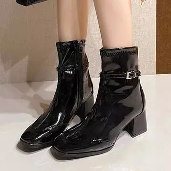 Высокие каблуки женские ботильоны квадратный носок массивные кожаные туфли женские трендовые туфли на молнии туфли-лодочки модные панк мотоциклетные ботинки женские 35