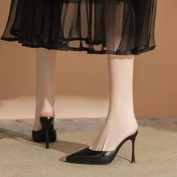 Высокие каблуки женские металлические головки высокие каблуки тапочки тонкие каблуки заостренные головки неглубокий рот кожаная поверхность темперамент женские туфли универсальные 34