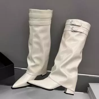 Высокие каблуки Женские высокие сапоги с толстым острым носком Кожаные туфли Женские трендовые зимние высокие сапоги до колена Челси Мотоциклетные ботинки Mujer 35