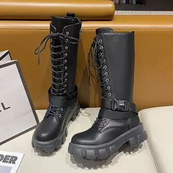 Высокие каблуки женские зимние высокие сапоги на платформе кожаные туфли повседневные кроссовки спортивная обувь женская зима 2025 тренд середина икры Botas Mujer 35 чёрный