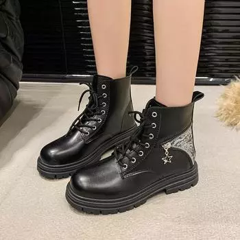 Высокие кожаные ботинки женские модные мотоциклетные ботильоны женские осенне-зимние повседневные туфли на платформе со шнуровкой женские ботинки 35