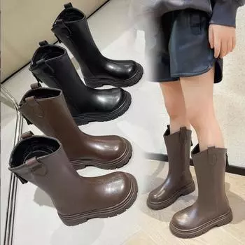 Высокие кожаные сапоги для девочек, зимние теплые плюшевые сапоги для снега, нескользящие, водонепроницаемые, на молнии, модная обувь для девочек-принцесс 2024 23 бежевый