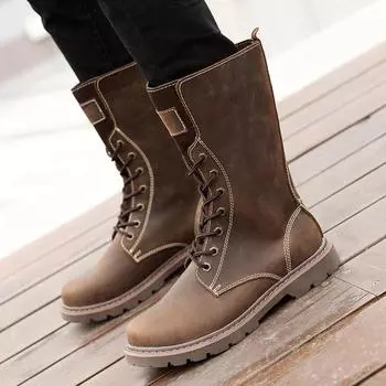 Высокие кожаные женские сапоги Сапоги для верховой езды на шнуровке Сапоги для рыцарей из коровьей кожи Длинные сапоги Ботинки Martin Сапоги для мотоциклистов Tide Мужские ботинки в стиле ретро для активного отдыха 35