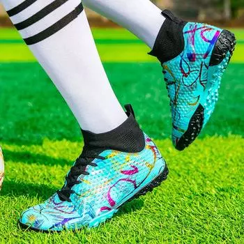 Высокие кроссовки 2024 года из дышащей ткани для мальчиков, популярные камуфляжные детские футбольные бутсы AG broken nails 35