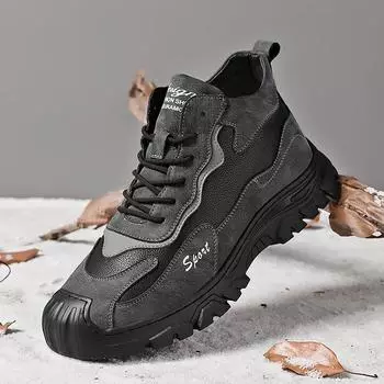 Высокие кроссовки мужские корейские версии модные кроссовки с толстой подошвой и нескользящей поверхностью из кожи модные кожаные ботинки Locomotive 39 серый