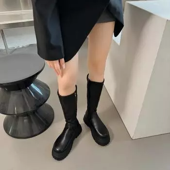 Высокие модные кожаные ботинки, женская обувь, осенне-зимние ботинки на молнии в британском стиле, женские ботинки с толстой подошвой, увеличивающие рост 35 чёрный