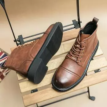 Высокие мужские ботинки из искусственной кожи на шнуровке, на низком каблуке, удобные, с круглым носком, классические, большого размера 38-46, модные мужские ботинки 38 чёрный