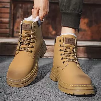 Высокие мужские ботинки Martin, зимние, бархатные, теплые, с мехом, водонепроницаемые и нескользящие, хлопковые ботинки, мужские кожаные ботинки средней высоты 39 жёлтый