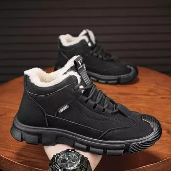 Высокие мужские ботинки зимние бархатные утолщенные теплые хлопковые рабочие нескользящие водонепроницаемые черные ботинки для альпинизма 39 чёрный