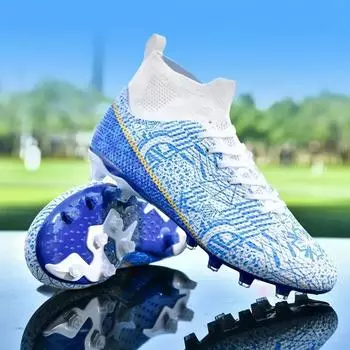 Высокие нескользящие футбольные бутсы для мальчиков — дышащие, удобные, профессиональные футбольные бутсы с шипами для всесезонных тренировок и соревнований. 39 синий