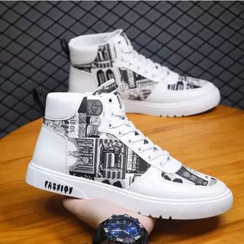 Высокие парусиновые туфли для мужчинМодные кроссовки на платформеОсень-зимаМужские вулканизированные туфли в стиле граффитиСтуденческие теннисные туфли для мужчин 39 чёрный