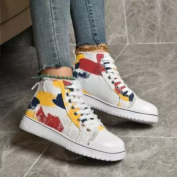 Высокие парусиновые туфли для женщин, цветные кисточки, модные дышащие кроссовки, большой размер 43, женские туфли на шнуровке 36