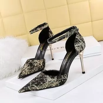 Высокие полые каблуки, заостренные однотонные босоножки в стиле ретро со стразами 34 абрикосовый