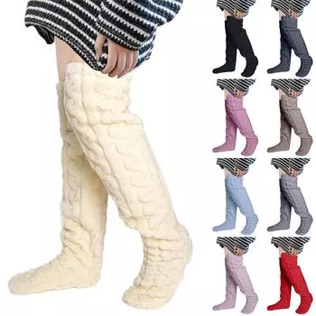 Высокие пушистые носки выше колена, зимние пушистые длинные гетры, плюшевые тапочки, чулки для женщин и девочек, рождественские домашние спальные носки One Size чёрный