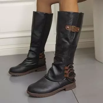 Высокие рыцарские сапоги женские зимние европейские и американские большие длинные сапоги с боковой молнией из искусственной кожи 35-42 40