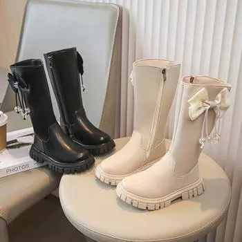 Высокие сапоги для девочек, осень и зима, новые длинные кожаные сапоги с бантом-бабочкой, стильные сапоги принцессы для маленьких девочек 26 чёрный