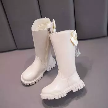 Высокие сапоги для девочек, осень и зима, новые длинные кожаные сапоги с бантом-бабочкой, стильные сапоги принцессы для маленьких девочек 26 чёрный