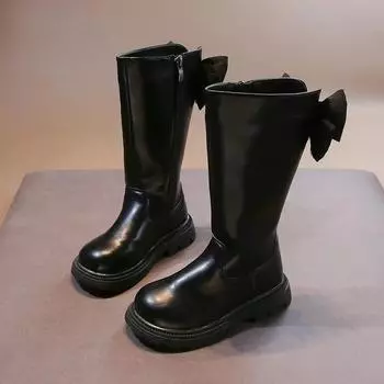 Высокие сапоги для девочек с большим бантом, детские сапоги принцессы с круглым носком, милые, сладкие, 2024, новые модные детские длинные сапоги, мягкая подошва, нескользящая 26 чёрный
