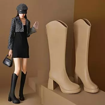 Высокие сапоги для женщин, невысокие сапоги для мужчин, но с толстыми коленями, высокие эластичные рыцарские сапоги на каблуке, сапоги на толстом каблуке. 34