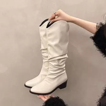 Высокие сапоги до колена на среднем каблуке, женские новые туфли из искусственной кожи 2024 года, модные плиссированные водонепроницаемые туфли-лодочки в стиле панк Mujer Zapatos 35 чёрный