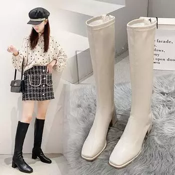 Высокие сапоги на толстом каблуке, женские длинные сапоги, новый стиль, высокие сапоги в рыцарском стиле, растягивающиеся выше колена, женские тонкие сапоги 5 чёрный