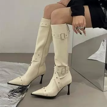 Высокие сапоги на высоком каблуке с металлической пряжкой в стиле панк, женские осенние ботинки с острым носком и заклепками, декор в готическом стиле, женские сапоги до колена из искусственной кожи 35 чёрный