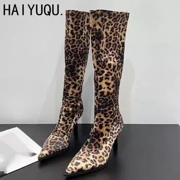 Высокие сапоги с леопардовым принтом, с острым носком, роскошные замшевые туфли на высоком каблуке, модные дизайнерские сексуальные туфли-челси без застежек из кожи, женские туфли 35