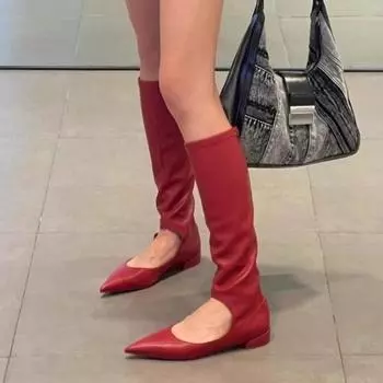 Высокие сапоги с острым носком, женские сексуальные туфли челси на низком каблуке, женские осенние туфли до колена, дизайнерские, полые, трендовые, кожаные, готические, Botas Mujer 35 красный