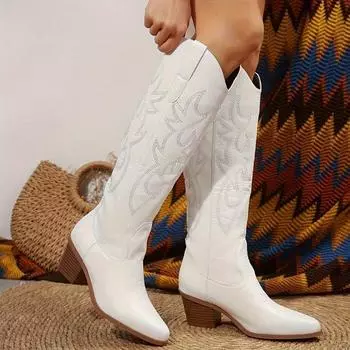 Высокие сапоги в ковбойском стиле для женщин — мягкий, без застежек, в ковбойском стиле, с низким каблуком, многослойной блочной подошвой и удобной внутренней подкладкой 35 белый