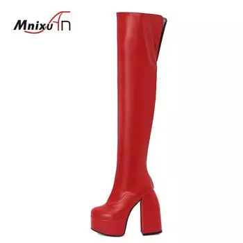 Высокие сапоги выше колена для женщин Ins Сексуальные сапоги выше колена на высокой платформе с боковой молнией Толстые сверхвысокие каблуки Длинные туфли 48 6