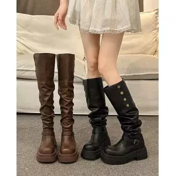 Высокие сапоги выше колена в ретро-британском стиле на толстом каблуке и толстой подошве женские осенне-зимние новые тонкие длинные сапоги 2024 года рыцарские сапоги 35 коричневый