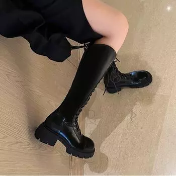 Высокие сапоги женские осенние и зимние новые, но до колена рыцарские сапоги на шнуровке длинные сапоги тонкие сапоги 35 чёрный