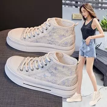 Высокие сетчатые белые туфли для женщин, летние новые сетчатые туфли на толстой подошве, повседневные спортивные дышащие одинарные туфли для женщин 35 бежевый