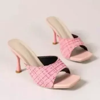 Высокие тапочки Женские туфли-лодочки Пикантные мюли с открытым носком Сандалии Сексуальные сандалии на шпильке Тонкие каблуки Розовые свадебные туфли 35