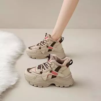 Высокие туфли для папы, женские, 2024, новые зимние туфли из утолщенного хлопка с набивным рисунком, на платформе, повседневные спортивные женские туфли для студентов 34