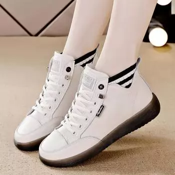 Высокие туфли для женщин осень и зима новые плоские резинки женские кроссовки повседневные шнурки из искусственной кожи вулканизированные туфли 35 бежевый