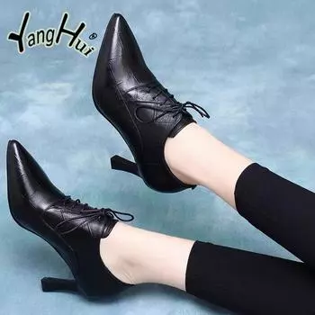 Высокие туфли-лодочки из искусственной кожи в клетку со шнуровкой и острым носком в британском стиле, короткие кожаные сапоги, водонепроницаемые, 2024, новая мода, весна-осень 35