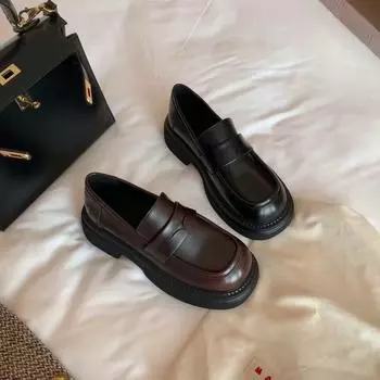 Высокие туфли-лоферы Simple Temperament Leather Толстый каблук Простые британские туфли в стиле ретро с толстой подошвой Lazy Small Leather Shoes Women 34