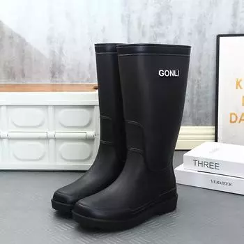 Высокие водонепроницаемые дождевые ботинки мужские взрослые утолщенные водные ботинки теплые водные ботинки набор резиновые ботинки нескользящие длинные дождевые ботинки 39 чёрный