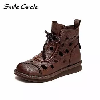 Высокие женские ботинки из натуральной кожи, повседневные ботинки на толстой подошве со шнуровкой, винтажные летние женские ботинки с перфорацией 35 коричневый