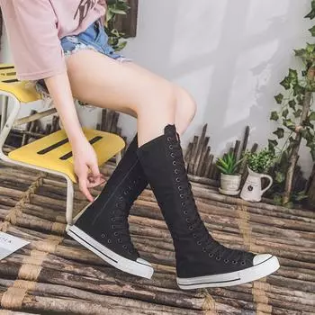 Высокие женские парусиновые туфли. Сапоги до колена. На плоской подошве с боковой молнией. Вулканизированная обувь. Удобные женские кроссовки на платформе со шнуровкой. 36 чёрный