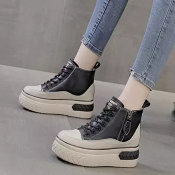 Высокие женские туфли на платформе 8 см, ботинки на танкетке до щиколотки, скрытый каблук, молния, осенняя теплая меховая зимняя обувь, кроссовки 34 коричневый