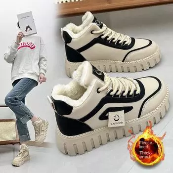 Высокие зимние сапоги, женские зимние плюшевые студенческие хлопковые туфли, модная повседневная спортивная обувь на толстой подошве 35 чёрный