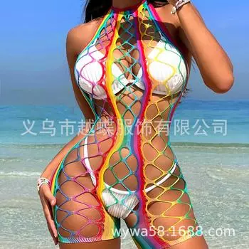 Высокий эластичный перспективный купальник полая рыболовная сеть сексуальная плотная радужная сетка YDC22 One size (white card + OPP)