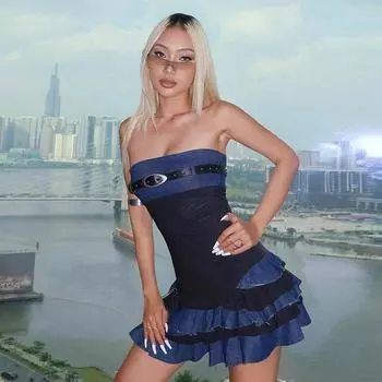 Высокий холодный пряный женский ветер взрыв уличного цвета контрастное сращивание без бретелек женский дизайн сенсация утягивающие платья с заниженной талией S чёрный