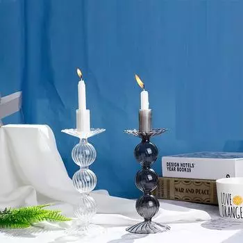 Высокий и низкий стеклянный подсвечник Серый Красный Коричневый Подсвечник Вертикальный узор Прозрачная ваза