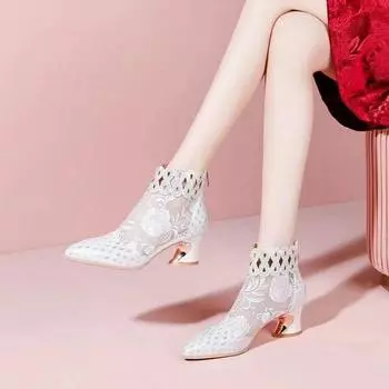 Высокий каблук 5,5 см, большой размер 41, белые сетчатые ботинки на высоком каблуке, женские сандалии, сандалии с кружевной вышивкой, женские одинарные ботинки на толстом каблуке с острым носком 35